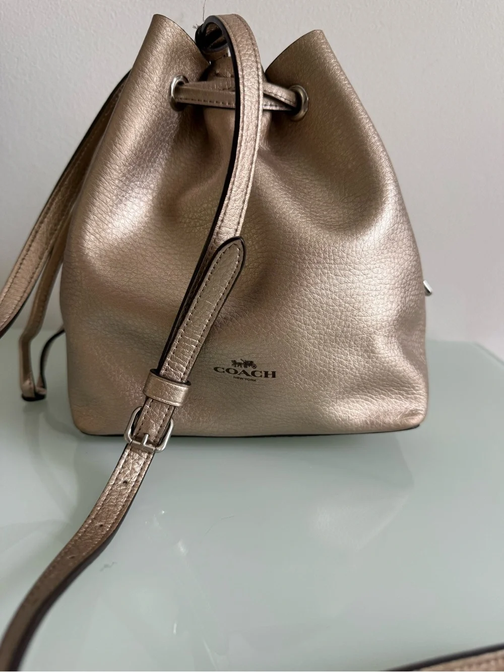 Coach Metallic Rose Gold Leather Drawstring Crossbody Bag